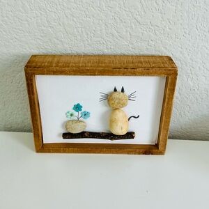 Rustic Cat Pebble Art in Wooden Frame